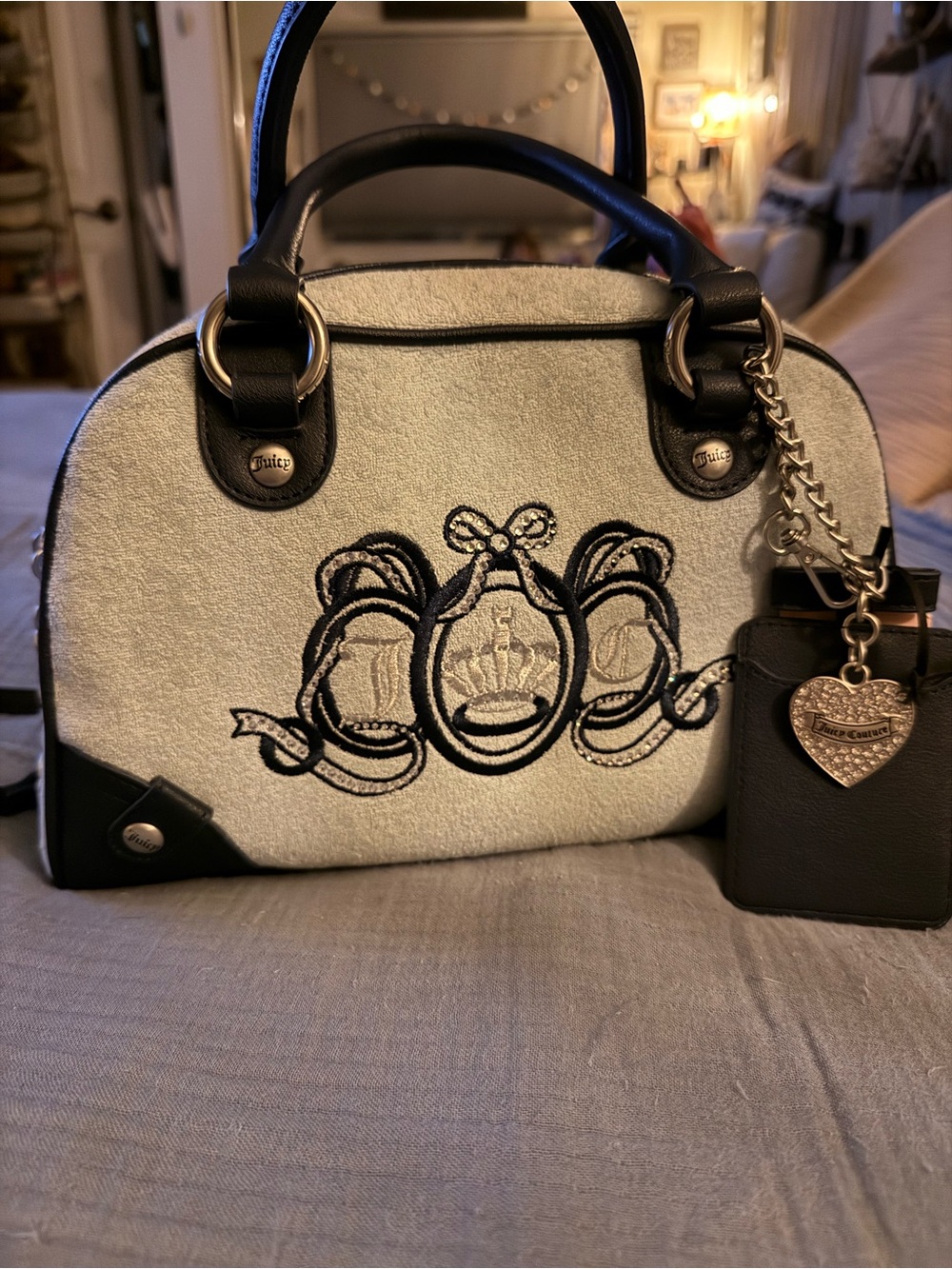 Juicy Couture light blue and navy blue embroidered Dome Satchel with Heart